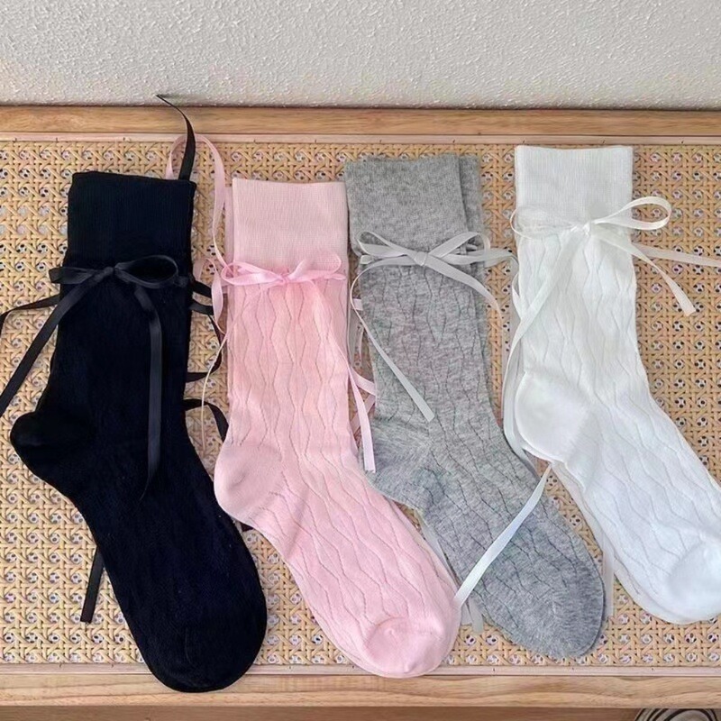 女性用ソックス、蝶結びミッドカーフソックス、女性用バレエ風フレンチストラップバレエ風ガールインパイルソックス、女性用|undefined