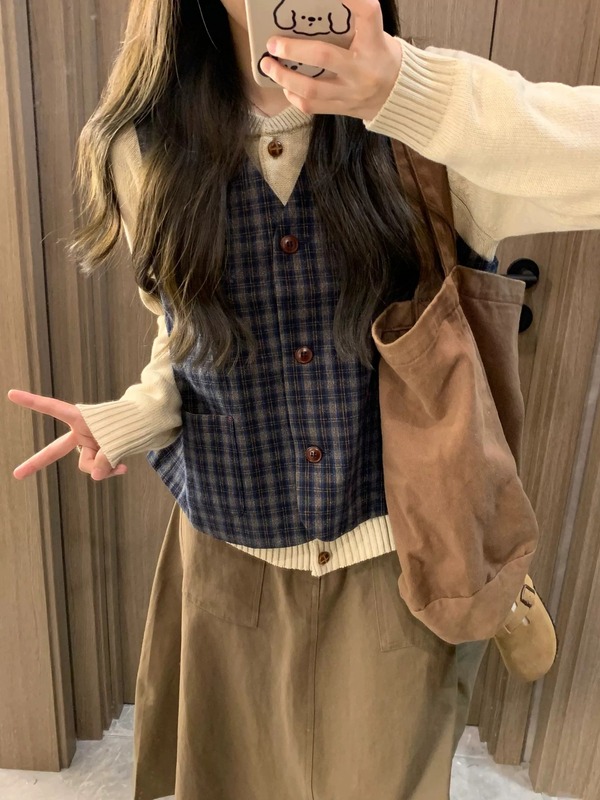 冬装搭配一整套女2025新款复古格纹马甲叠穿毛衣半身裙子三件套装|undefined