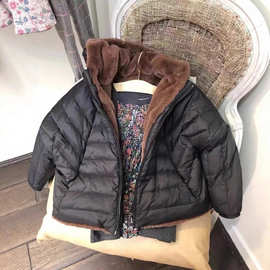 秋冬新款儿童男女同款两面穿连帽羽绒服仿兔绒毛保暖羽绒服外套