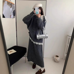 大码慵懒风时尚套装女秋季胖MM显瘦蕾丝毛衣软糯半身裙百搭两件套