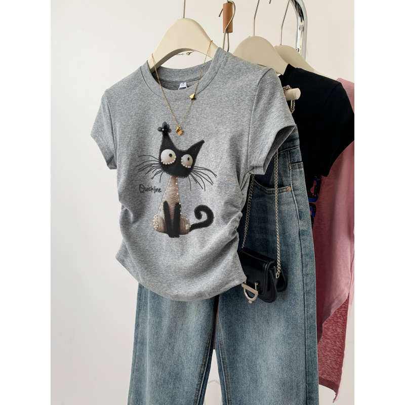 正肩短袖恤女夏季新款设计感猫咪褶皱收腰修身短款辣妹上衣