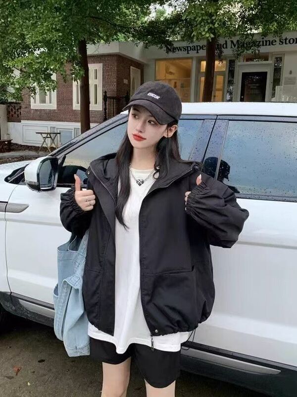 美式复古连帽冲锋衣外套女春秋季设计感休闲宽松工装夹克开衫上衣|undefined