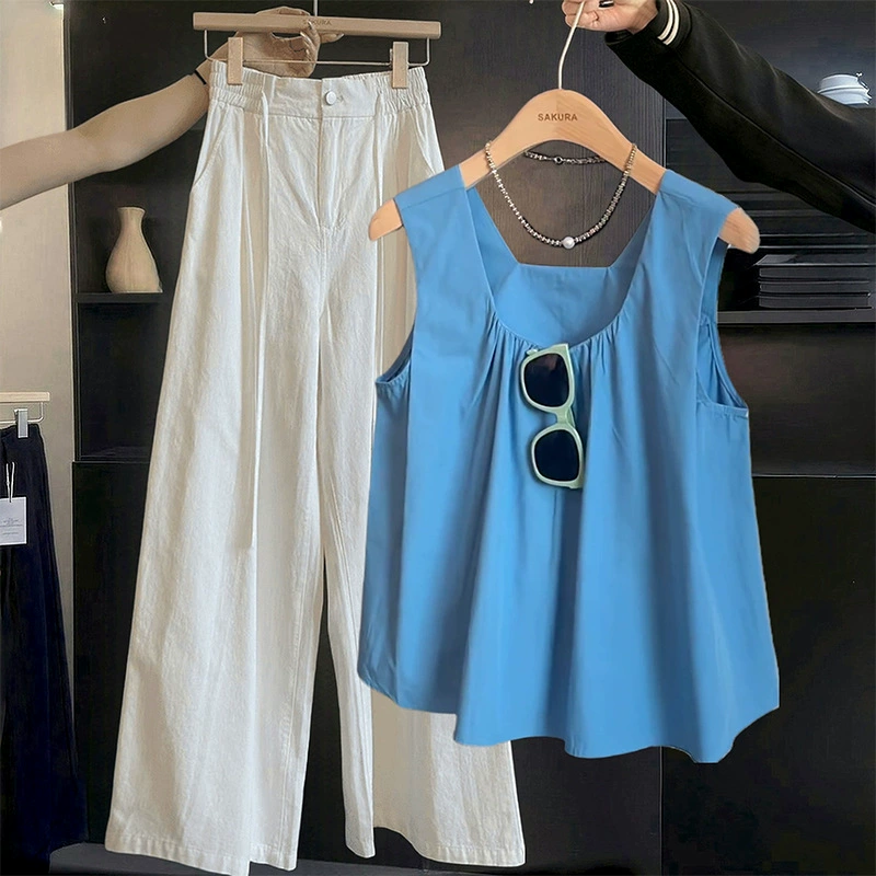 Свежий стиль отпуска в корейском стиле, синий топ без рукавов для женщин, летний новый дизайн, нишевый внешний жилет, тренд