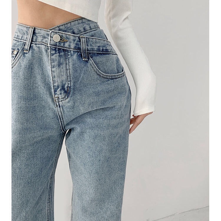 Retro Style High Waist Design Sense Crossed Waist Jeans Women's Summer New Slim Look Straight Tube Dummy Trousers