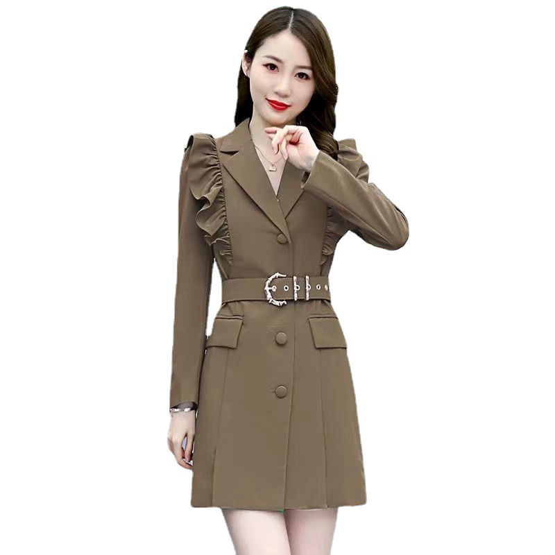 Damenbekleidung Herbst und Winter Professionelle Langarm Schlanke Temperament Taille Promi Einfarbige Windjacke für Frauen_voghion.com