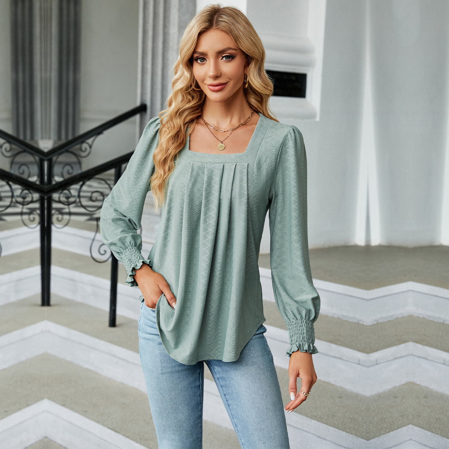 Women's T-shirt Long Sleeve T-shirts Jacquard Pleated Casual Solid Color display picture 1