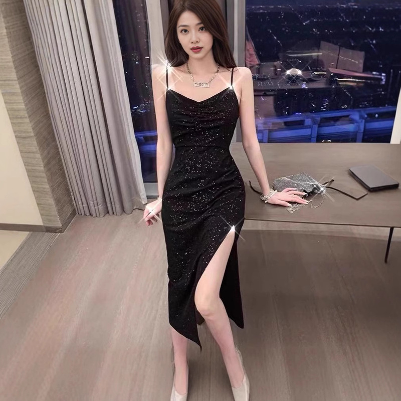 2024 Summer New Korean-style Hepburn Black Dress Mid-length Slimming Sequin Split Slim Sling Sexy dress