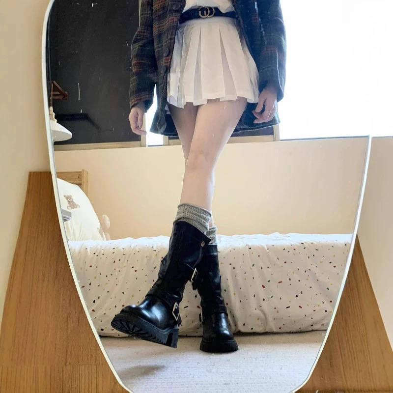 厚底英伦风靴子女2025年秋冬新款皮带扣中筒靴后拉链马丁靴长筒靴|undefined