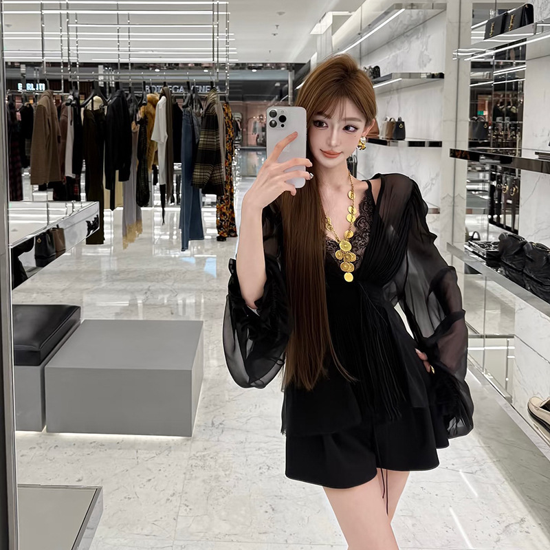 In-Stock Pure Desire Style Deep V Pleated Lace Lantern Sleeve Waist-Cinching Shirt Sexy Light Luxury Slightly Sheer Sun-Protective Shirt