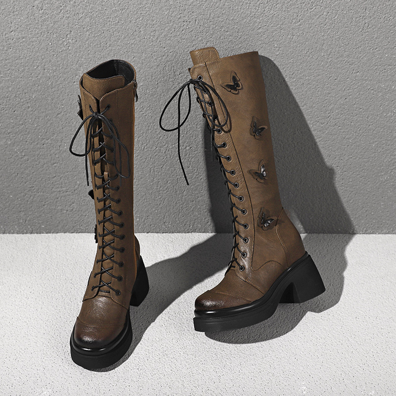Boot nữ cổ cao dây buộc phong cách cổ điển, gót 10 cm — Nhung kaki đậm chi tiết 9