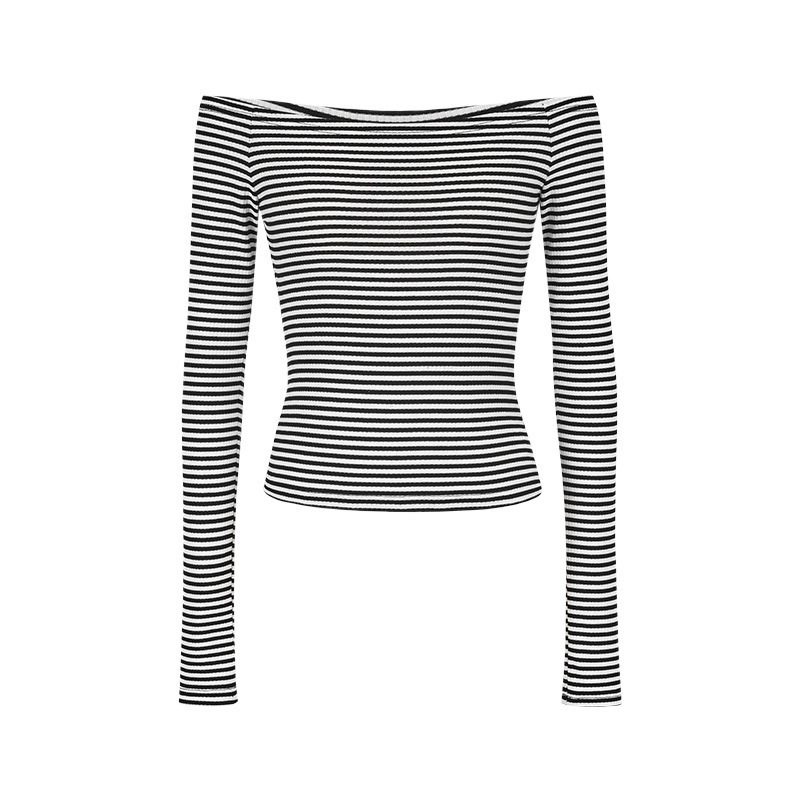 韓国版スリムフィットワンショルダー長袖Tシャツ2025春新作カラーブロックストライププルオーバートップ女性用|undefined