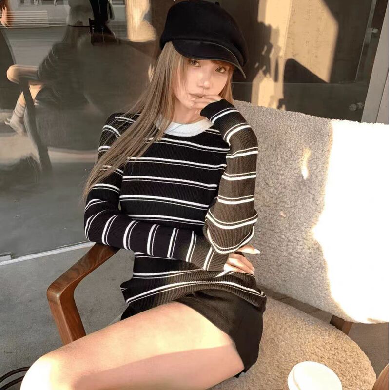 简约百搭条纹针织t恤打底衫女春秋新款撞色领口圆领长袖针织衫|undefined
