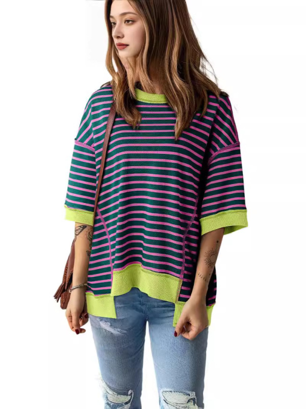時穎の夏の新型のストライプは色の半袖のtシャツの女性の2024欧米のカジュアルでゆったりしているoversizeのプルオーバーをつづり合わせます。|undefined