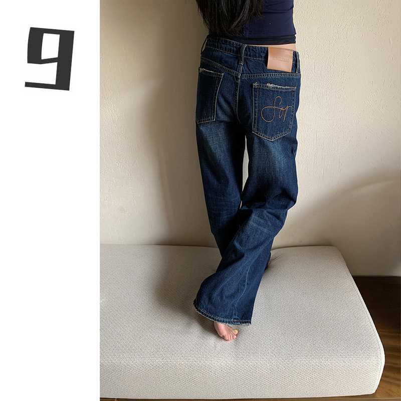 [9Hour] Retro Street Straight Jeans for Women 2025 Autum Back Pocket Letter Embroidered Pants for Women Cy1325