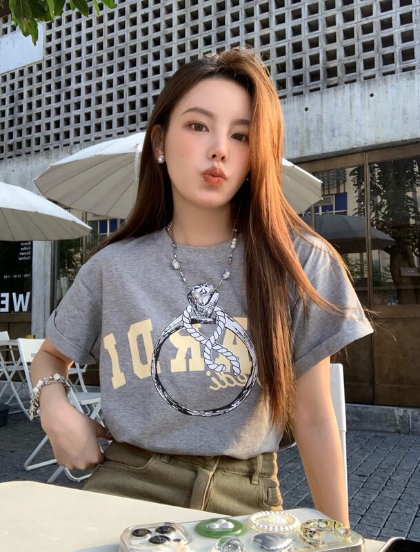 韓国マルディトレンディな半袖フラワープリントゴールドハイシルバー夏ラウンドネック純綿ルーズTシャツトップトレンディ|undefined