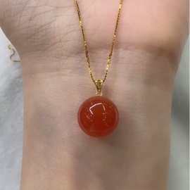 厂家批发 天然川料南红圆珠吊坠18k金扣头 简约圆珠项链 直播货源
