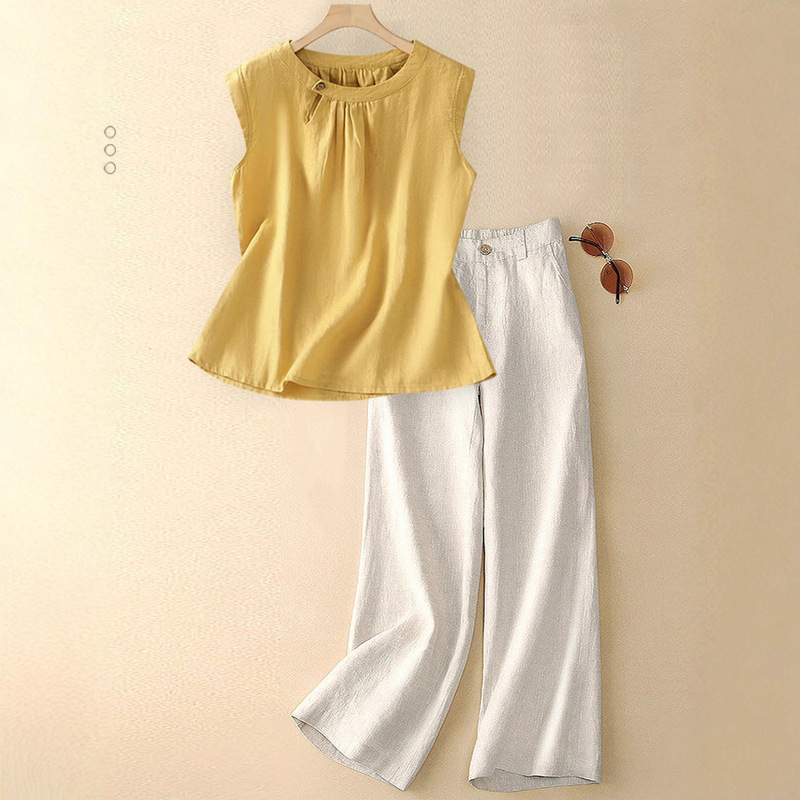 High-End Light Luxury Ramie Sleeveless Shirt Suit for Women Summer Style Age-Reducing Cotton and Linen Wide-Leg Pants Two-Piece Set