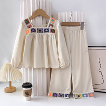 跨境童装秋季新款女孩套装中东风刺绣贴布长袖上衣阔腿裤民族风