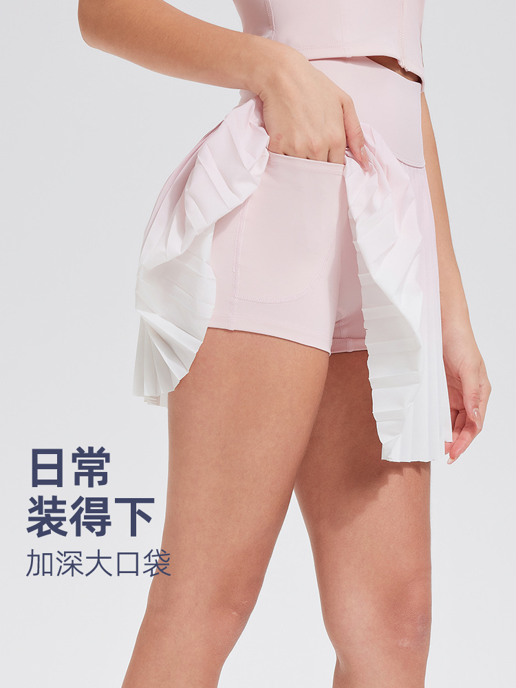 Falda de cintura alta de gradiente anti-exposición de dos piezas falsa delgada de verano deportes profesionales Falda plisada de fitness transpirable de secado rápido