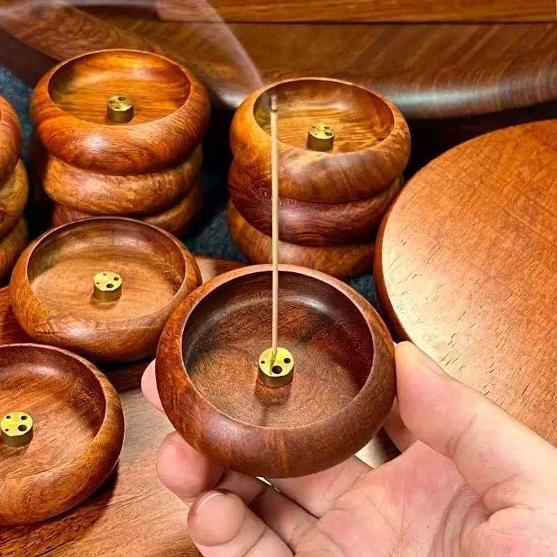 小香插线香炉巴花木圆形钵式家用香道檀香木香托佛教用品香炉托盘