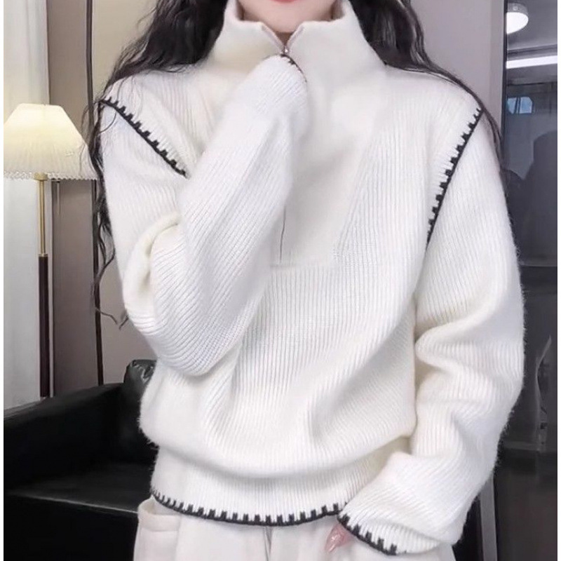 宏泰秋冬季新款 半拉链高领毛衣拼接针织衫 宽松设计感休闲女套头|undefined