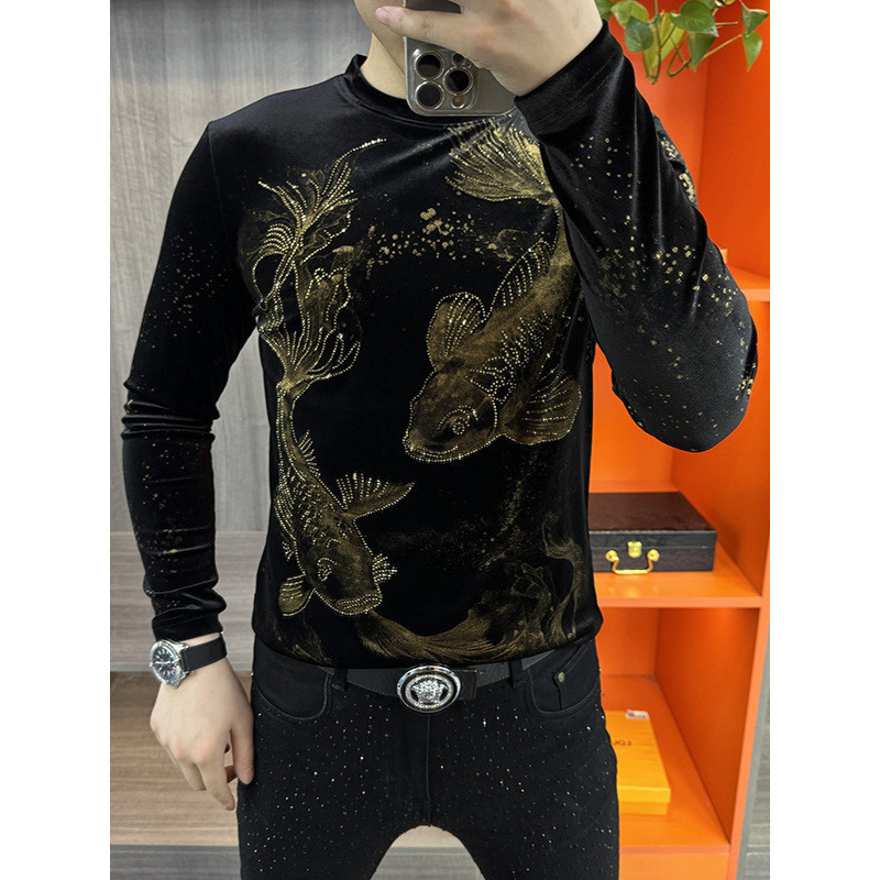 New European-style gold velvet shirt, stylish and fashionable round-neck casual sweatshirt, trendy base shirt, men's long-sleeve top New European-style gold velvet shirt, stylish and fashionable round-neck casual sweatshirt, trendy base shirt, men's long-sleeve top