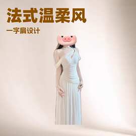 法式温柔风一字肩收腰显瘦长裙女高级感褶皱气质连衣裙