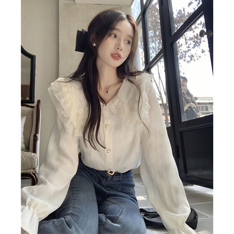 Spring Women's Lace Collar Design Long-Sleeved Light Luxury Temperament Forest Lace Shirt Doll Collar Shirt