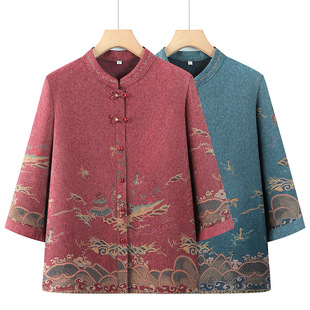 Grandma Autumn Dress Seven-point Sleeve Thick Shirt Mother Middle-aged and Elderly Women Spring and Summer Coat Old Lady Tang Dress Old Man Shirt