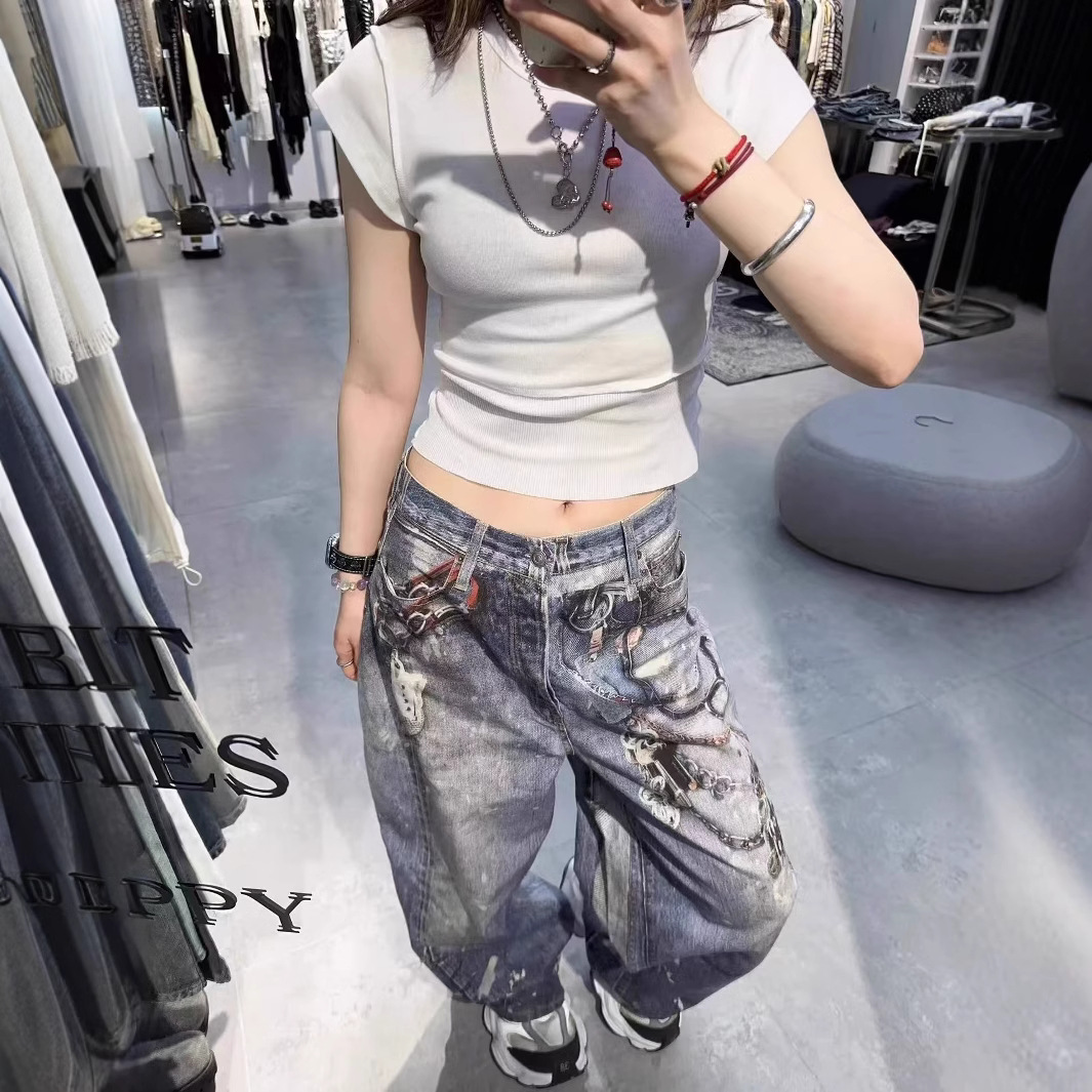 European and American Style New Autumn and Winter Cut Pieces Digital Printed Jeans Women's Loose Straight Distinctive in All-match Trendy Brand