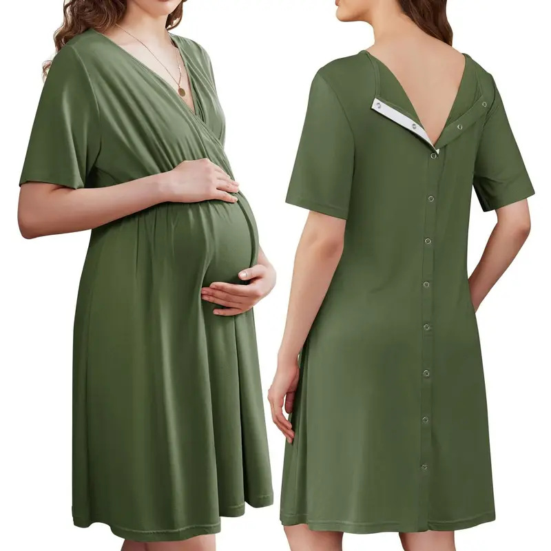 Stillkleid für Schwangere, Kurzarm, Weicher Stoff, V-Ausschnitt, Stillzugang und Einfacher Tragekomfort, Schwangerschafts- und Krankenhauskleid – Detail 10
