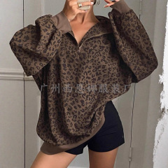 欧美2025新款设计感宽松中长款女士豹纹印花立领拉链休闲衫卫衣