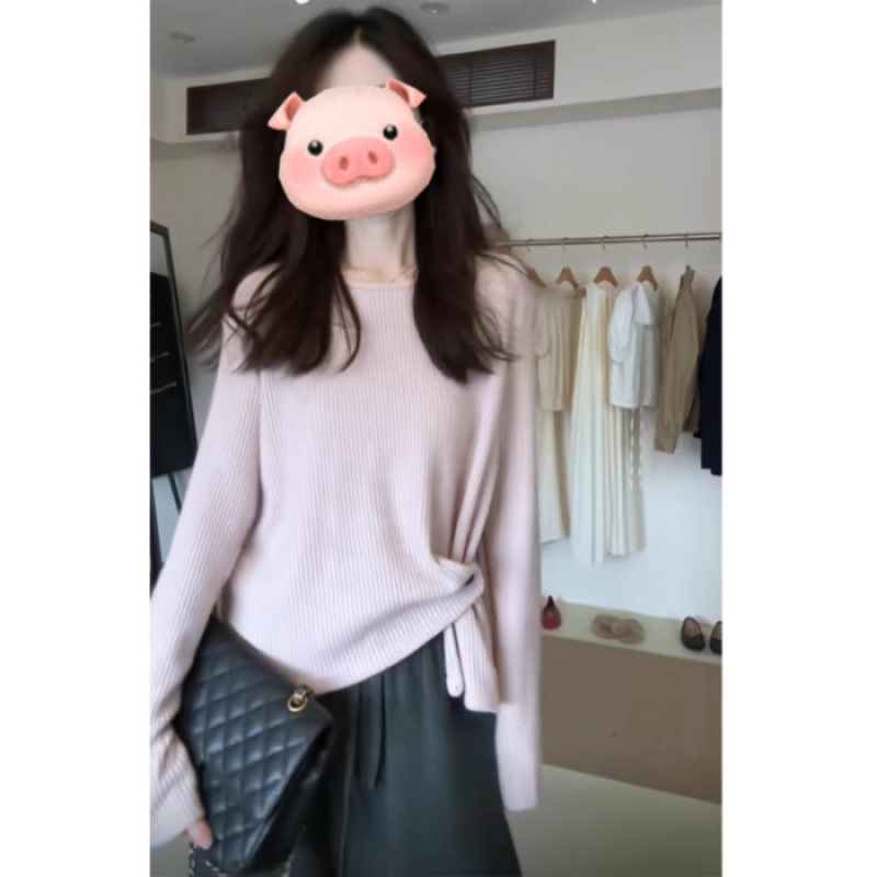 2025早秋新款韩系高级感粉色针织衫T恤女秋冬内搭打底衫长袖上衣|undefined