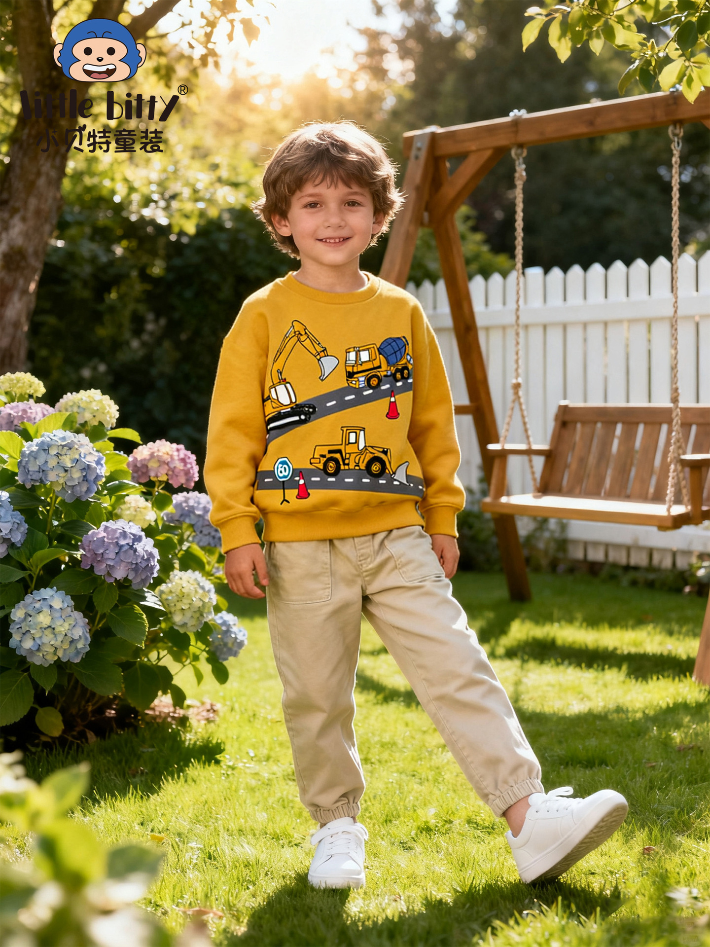 European and American Autumn and Winter New Children's Clothing Children's Long-Sleeved Sweatshirt Cartoon Excavator Print Pattern Cross-Border Spot Wholesale