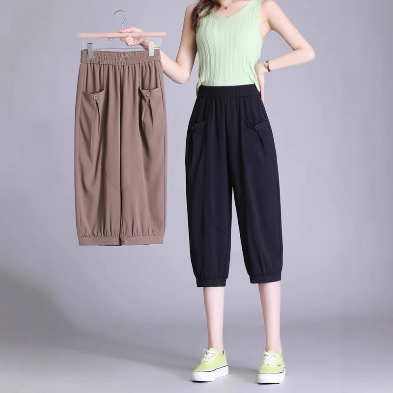 Ultra-thin Harlan Pants Women's 2024 Summer New Ice Silk Zou plus size Loose Slim-fit Fashionable Casual Capri Pants