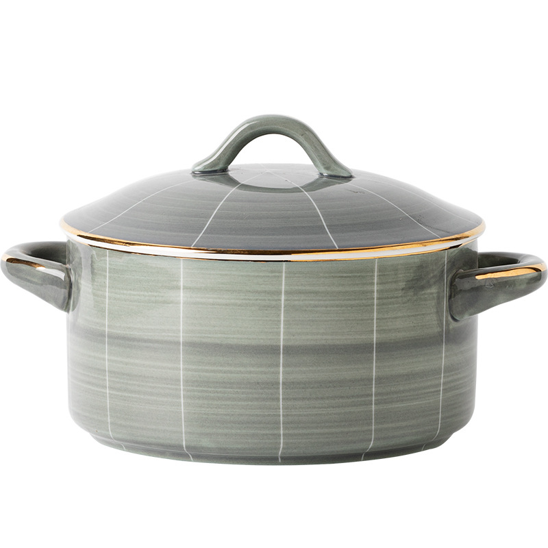 Tazón de sopa de doble oreja de cerámica con tapa tazón de ensalada de fideos instantáneos Luz de lujo personalizado hogar tazón grande nórdico borde dorado image 7