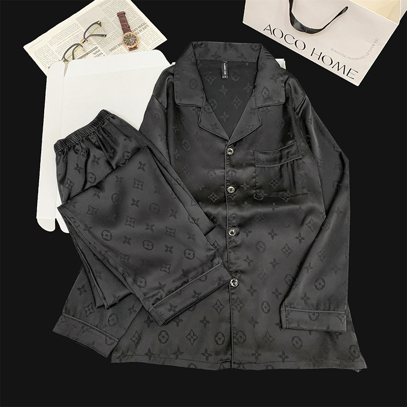 Autumn and Winter Long Pants Silk Casual Cardigan Ice Silk Suit Long-Sleeve Men's Long Pants Simple Comfortable Fashion Loungewear