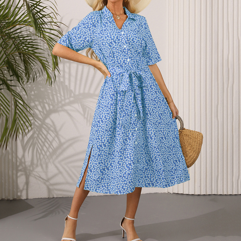 2025 New Printed Dress with a Turn-Down Collar, Short Sleeves, Floral Midi Dress, Elegant Commuter Style, European and American Style, Cross-Border Model Real Shot