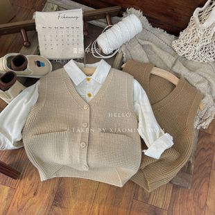 2025 Spring and Autumn New Children's Clothing Korean Style Waffle Pocket Sweater for Boys and Girls Solid Color Casual Knitted Vest Jacket