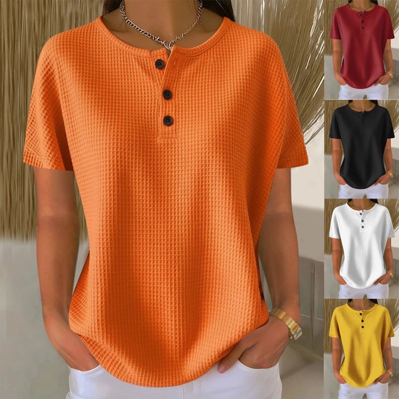 In-Stock Cross-Border Amazon Fashion Round-Neck Waffle Knit 2026 Summer New Solid Color Pullover Short-Sleeve Top