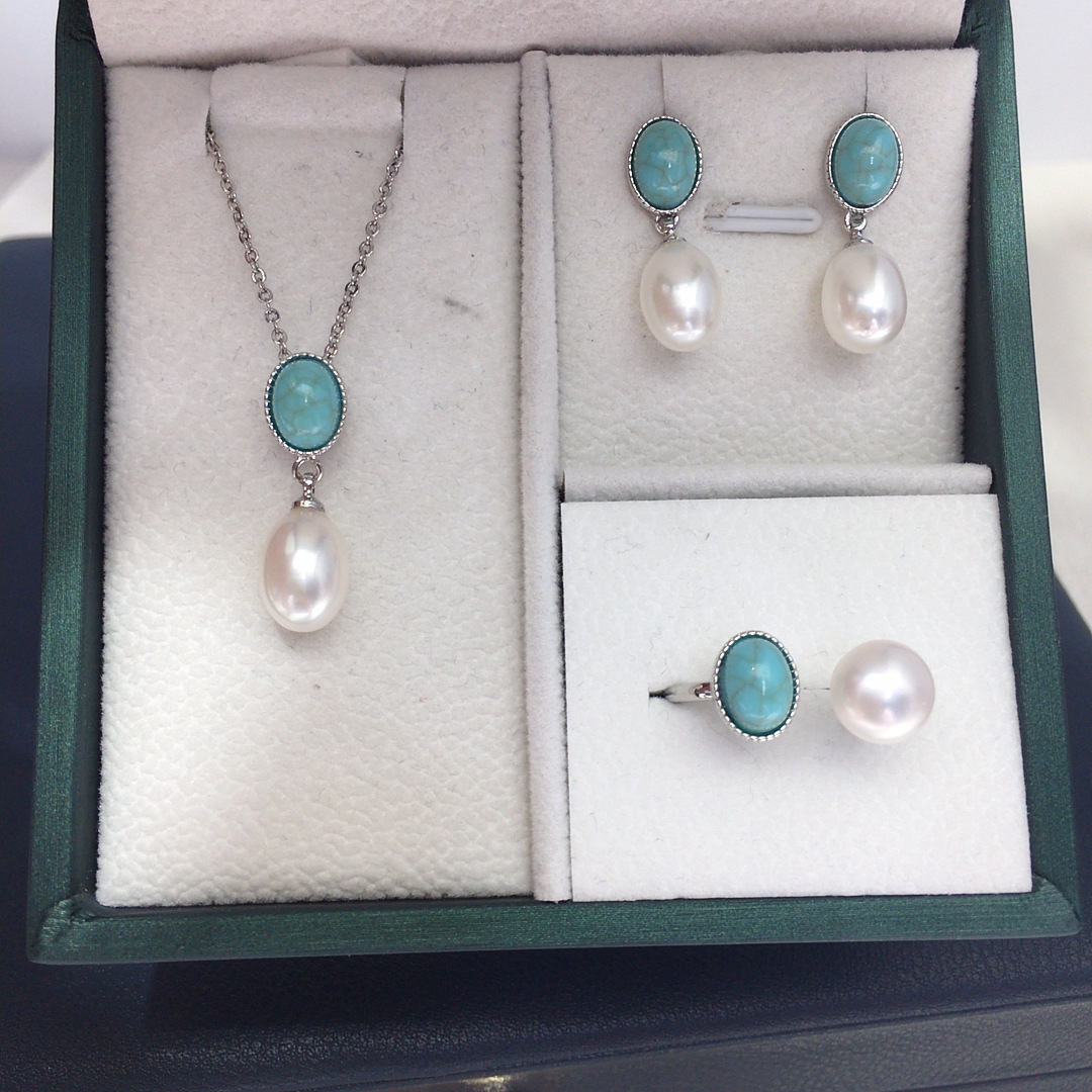 Natural Freshwater Pearl Rice Shape Set Fashion Retro Turquoise Water Drop Shape Jewelry Earrings Ring Pendant Wholesale