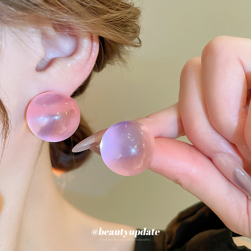 Pendientes de resina de bola transparente de color de dopamina de aguja de plata Pendientes de moda simple de estilo ins Pendientes de estilo literario femenino