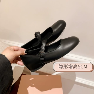 2025新款小个子内增高5cm芭蕾舞鞋极简一字扣带软皮玛丽珍单鞋女