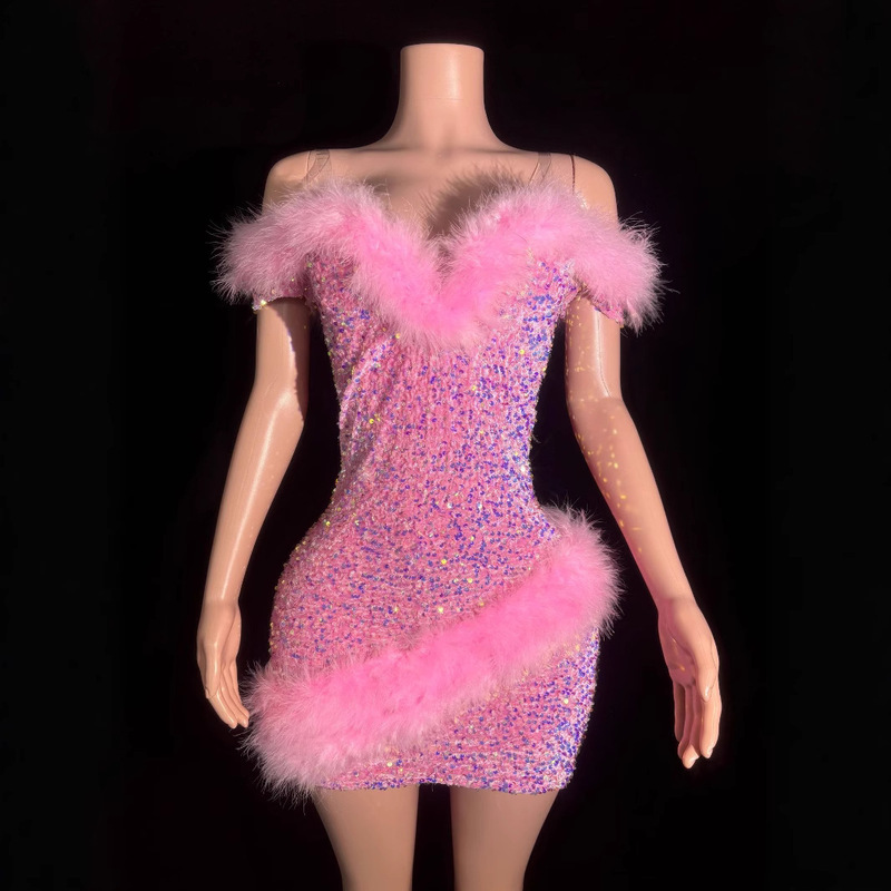 Amazon Cross-border European and American New Pink Feather Trim Sequin Strapless Strap dress Party Dress