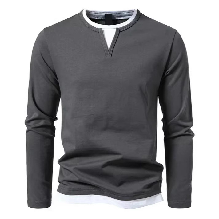European and American Men's Long-Sleeve T-Shirt with Faux Two-Piece V-Neck Casual Henley Shirt, Spring and Summer Solid Color Top, Cross-Border Foreign Trade Men's Clothing European and American Men's Long-Sleeve T-Shirt with Faux Two-Piece V-Neck Casual Henley Shirt, Spring and Summer Solid Color Top, Cross-Border Foreign Trade Men's Clothing