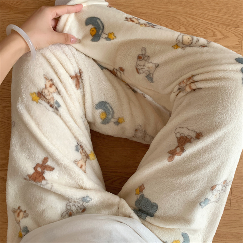 2025 otoño y invierno de flanela de dibujos animados pantalones de pijama individuales gruesos calentados pantalones caseros lindos pantalones