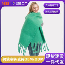 外贸欧美秋冬季新款女披肩长流苏粗须草绿色加厚纯色围巾桐庐厂家