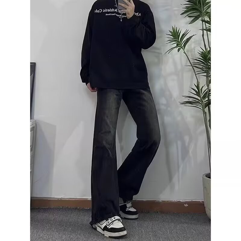 2024 primavera y otoño nuevo estilo americano calle alta suelta recta pantalones largos casuales negros marca de moda jeans para hombres