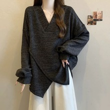 秋冬季中长款V领胖妹妹300斤码宽松拼接不规则设计女装卫衣潮