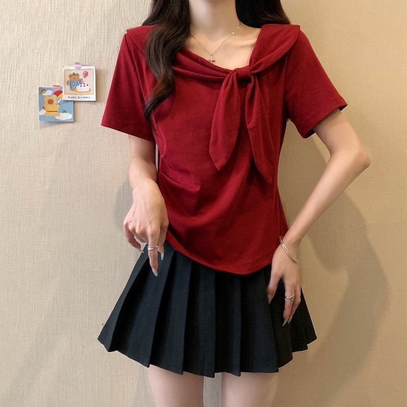 大码不规则海军领蝴蝶结短袖t恤女夏季新款胖mm显瘦遮肉正肩上衣|undefined